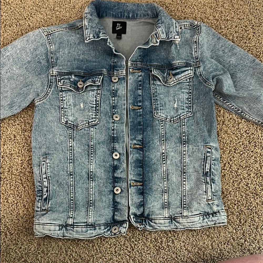 2 Items Blue Distressed Jean Jacket and black adidas hoodie girls size 14